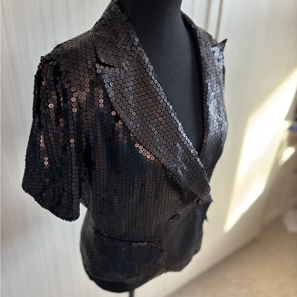 French Connection Chic Black Sequin Short-Sleeve Blazer Size 10 - Picture 5 of 14